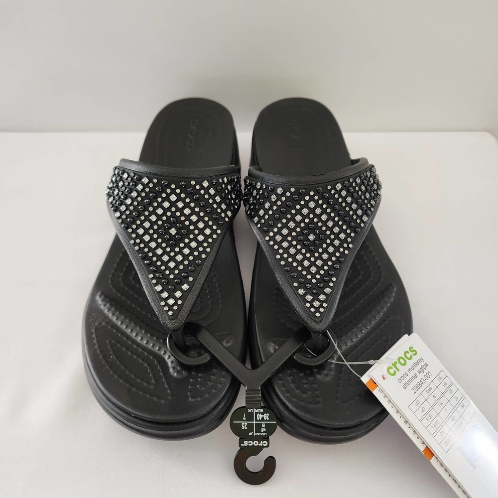 Crocs Monterey Black Shimmer Glitter Wedge Sandal Flip Flop Women's Size 9 NWT